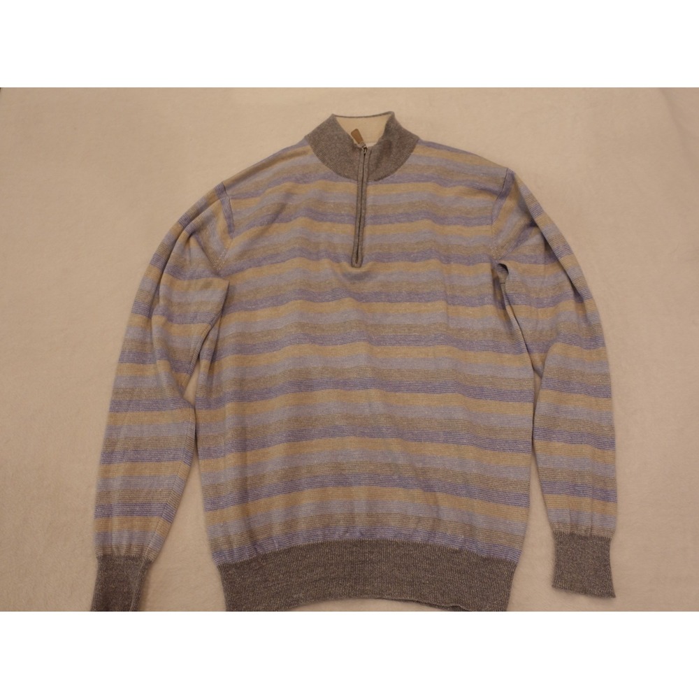 Peter Millar Men Med Stripe Merino Wool Linen 1/4 Zip Knit Sweater Luxury Preppy